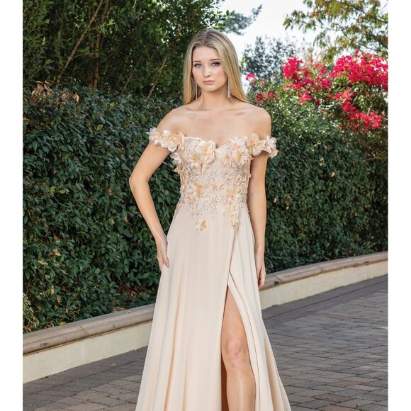 New Off Shoulder Long A-Line Floral Dress w/ Leg Slit & Lace Up Back DQ 4268 - Picture 1 of 9